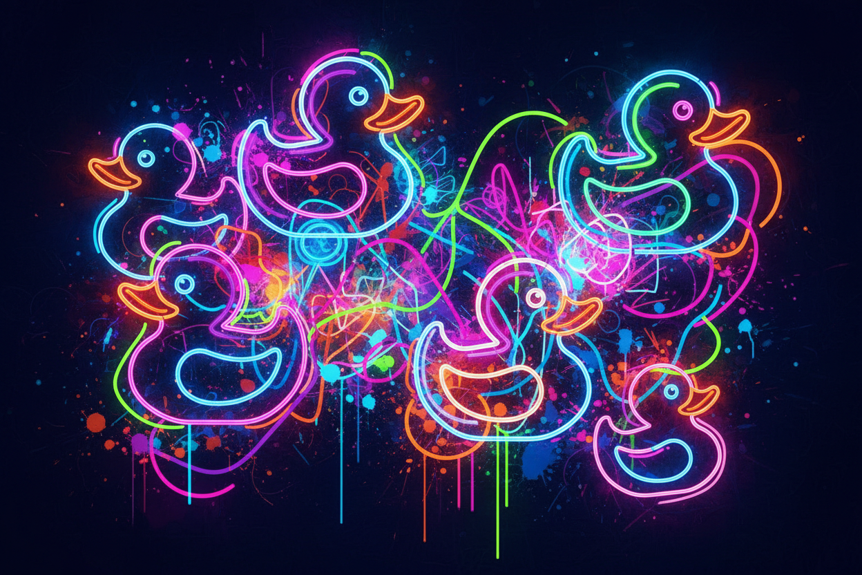 neon abstract art of colorful rubber ducks